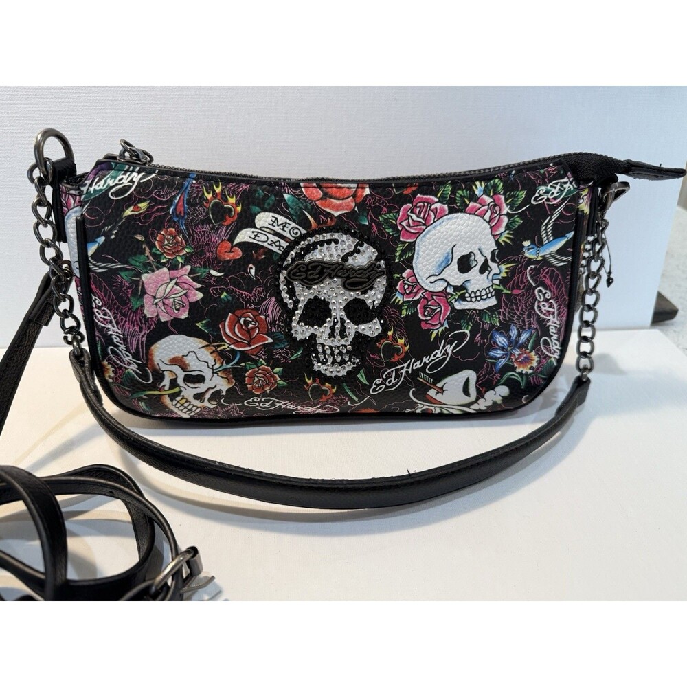 Ed Hardy Skull Rose Rhinestone Shoulder Bag Crossbody Purse Multi Color